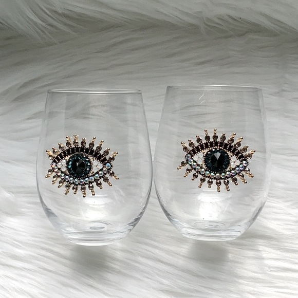 RACHEL ZOE EVIL EYE HAMSA STEMLESS WINE GLASS DRINKWARE - Picture 7 of 8